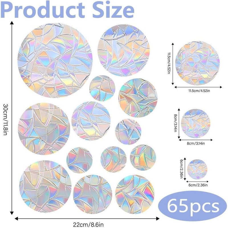 65 Pcs Round Prism Window Stickers, BetterJonny Bird Protection, Rainbow