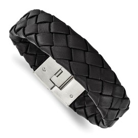 The Black Bow 18mm Stainless Steel & Black Leather Woven Bracelet, 8.5 Inch