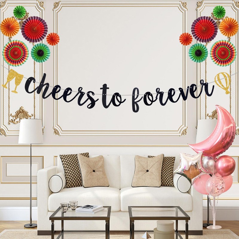 QFiesy Cheers To Forever Banner for Black Gliter Engagement/Wedding Banner/Bridal