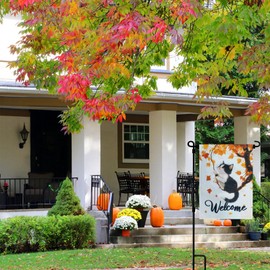 TOPFLAGS Garden Flag Stand with Fall Garden Flag 12 x 18 Autumn Cat Metal Yard Flags Holder Pole Stake Small Flag Stands with Clips and Stopper