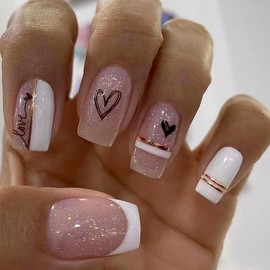 White French Tips Press on Nails Medium Length Square Fake Nails Black Heart Love Glue on Nails with Gold Lines Glitter Design Valentine's Day Nail Art Decorations Acrylic Stick on Nails for Women