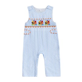 Ayalinggo My First Thanksgiving Baby Boy Outfit Sleeveless Jumpsuit Striped Overalls Turkey Smocked Romper Newborn Clothes, Sky Blue, 0-3 Months