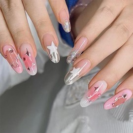 24 Pcs Star Press on Nails Medium Almond Fake Nails with Designs Star Charms Gems Acrylic Nails Supply White Silvery Star False Nails Stick on Nails for Women Girls DIY Glossy Glue on Nails