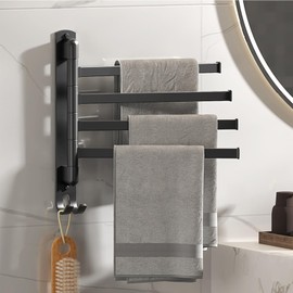 Nikou Swivel Towel Racks Stainless Steel Punch Free Wall Mount 5 Arms Rotation Towel Hanger Holder for Home