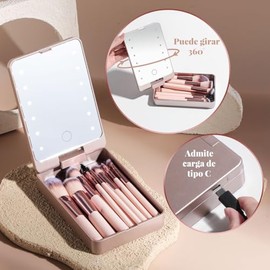 Set de viaje de brochas de maquillaje: 14 brochas de cerdas suaves espejo, luz LED y estuche portátil
