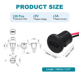 MECCANIXITY 10pcs Type-C Female Chassis 2 Pin Wire, 5V 3A Round USB-C Female Socket to PH2.0 Waterproof Terminal Extension Cable for PC, LED Lamps, Laptop 6"