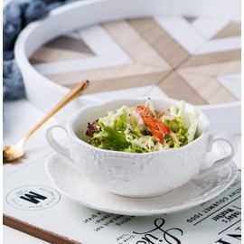 Jusalpha White Embossed Ceramic Bowl With Double Handles and Saucer - Dessert/Soup/Cereal (10 OZ) (1 Set)