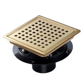 SaniteModar Shower Drain, 6 inch Shower Floor Square Drain with Flange, Removeable Grid Panel SUS 304 Stainless Steel Square Shower Drain, Brushed Gold