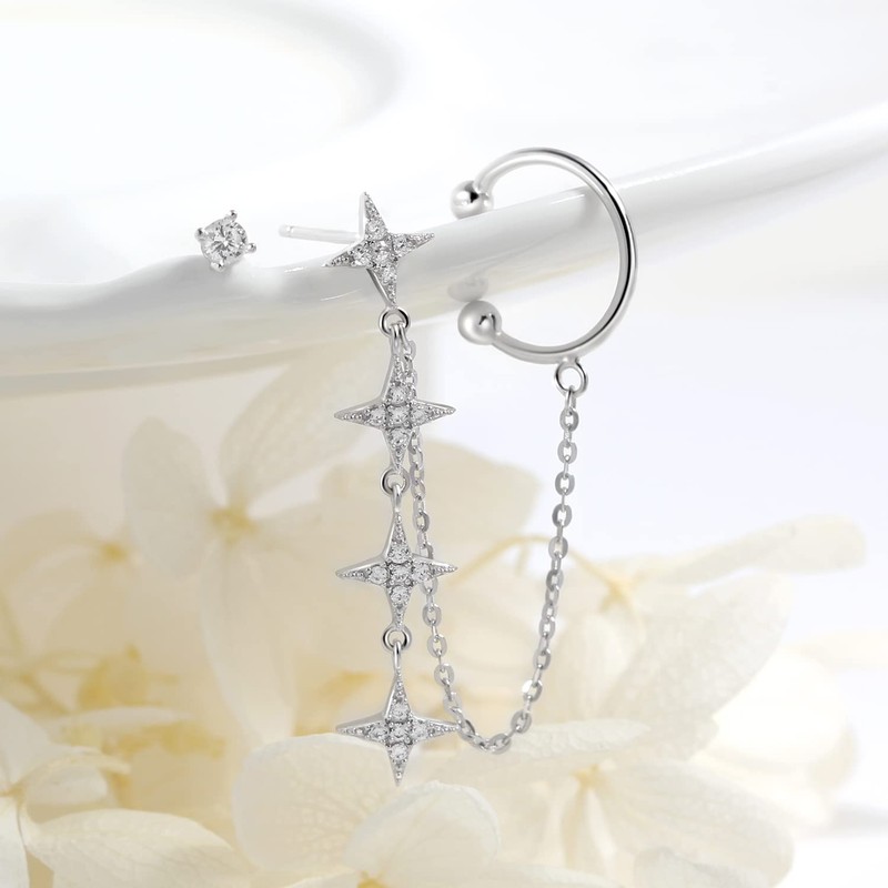 Ear Cuff Chain Earrings Star Stud Dangle Sterling Silver Star
