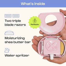 Alleyoop - Maquinillas de afeitar de viaje portátiles para mujer - Mini navaja de triple hoja y afeitadora para llevar - Afeitado limpio y cercano con barra hidratante y botella de spray recargable