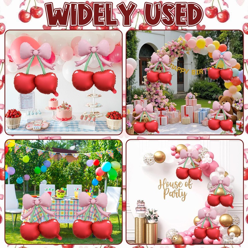4 palloncini rosa con fiocco e ciliegie rosse, decorazioni per