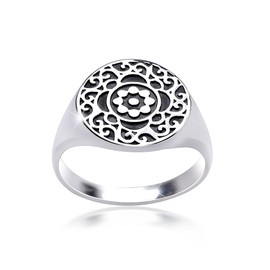 Materia #SR-119 Women's Signet Ring Flower Floral 925 Silver Antique Wide German Production, Sterling Silver, No Gemstone