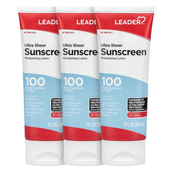 Leader Travel Sunscreen SPF 100+, Ultra Sheer Dry-Touch Water Resistant and Non-Greasy Lotion with Broad Spectrum SPF 100+, 3 Fl Oz (3)