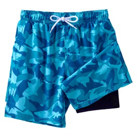 Angel season - Bañador para niños, con forro de compresión, para adolescentes, con UPF 50+, talla corta, talla 7-14 años, Shark Green Blue, 8-9 Años