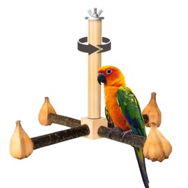 Agape Rotating Parrot Perch Toy with Chew Toy, Natural Wooden Perch Stand for Small & Medium Birds, Bird Cage Accessory with Exercise Wheel for Parakeets Cockatiels Lovebirds Conures Finches Budgies
