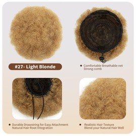 Real Human Hair Afro Puff Ponytail Natural for Kids Black Women Short Kinky Curly Ponytail Extension Drawstring 4c Ponytail Fake African American Cheer Afro Puffs High Bun Updo Light Blonde 6 Inch 40g