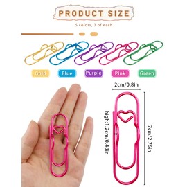 GAUENEEN 15 clips de metal coloridos para bolígrafos, clips para cuadernos, diarios y libros, clips de papel para estudiantes, profesionales y profesores (2.76 x 0.8 pulgadas)