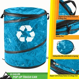Wakeman Collapsible Trash Can - Pop Up 44-Gallon Outdoor Portable Garbage Bag Holder with Zippered Lid - Recycle Bin for Camping or Parties (Blue)