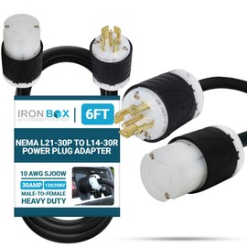 IronBox Electric NEMA L21-30P to L14-30R Power Plug Adapter - 30A, 120/208V, 10 AWG SJOOW - UL Listed Twist Lock Extension Cable - Heavy Duty Plug & Connector for Generator, Data Center & More (6ft)