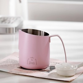 Espresso Milk Frothing Pitcher - Pink Espresso Steaming Pitcher 25oz/750ML, Stainless Steel Coffee Milk Frothing Cup with Large Handle and Scale, Espresso Machine Accessories for Barista