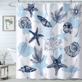Coastal Beach Shower Curtian, Starfish Coral Seashell Seashell Navy Blue Underwater World Marine Life Ocean Shower Curtain Sets, Waterproof Fabric Bathroom Accessory Decor Set with Hooks, 72 x 72