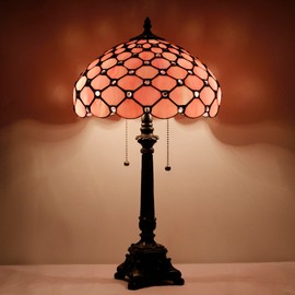 Tiffany Table Lamp Pink Bead Style Stained Glass Desk Lamp 12X12X21 Inches Reading Light