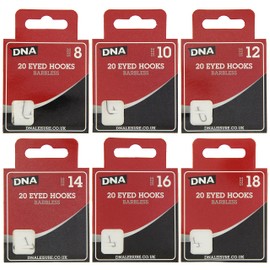 120 x Barbless Eyed Match Hooks 20 x Sizes 8 10 12 14 16 18 Coarse Fishing Tackle DNA