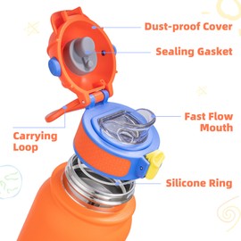 OLDLEY Insulated Kids Water Bottle 350ml/12oz Stainless Steel Metal Water Bottles Leakproof Double Walled Cute Vacuum Small Flask with Handle Keep Drinks Hot Cold for Boys Girls Children (Orange)