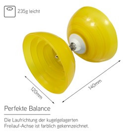 Diabolo Set with Henrys Beach Free Ball Bearing Diabolo - Professional Set (Yellow) - Juggling Set for Beginners and Advanced Jugglers