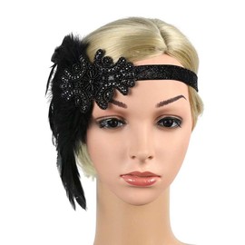YEEBOM Vintage 1920 Flapper Feather Headband Roaring 20s Great Gatsby Headpiece Hair Accessories for Women Black, Black, Medium