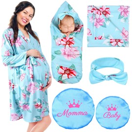 Mepase 5 Pcs Mommy and Me Robe Swaddle Headband Cap Set Including Maternity Robe Baby Blanket Headband Hat for Mom and Baby(Blue,X-Large)