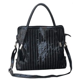 Women’s Multicolor Boston Bag Genuine Leather Colorful Large Tote Handbag Purse (Black-Middle size)