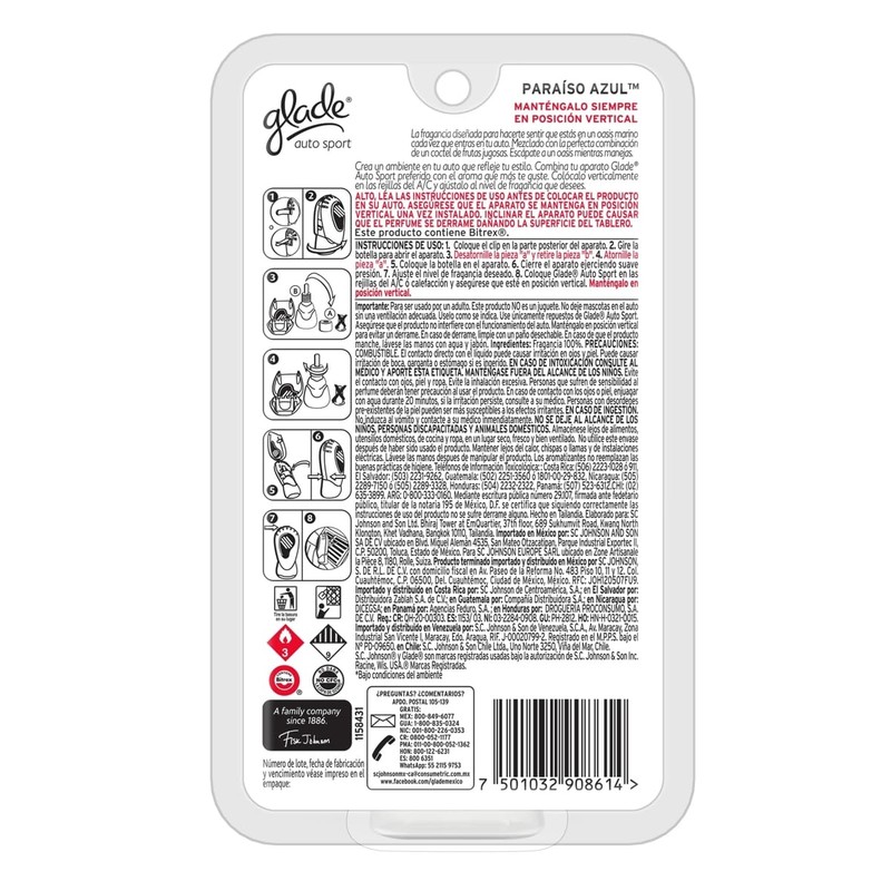 Glade Auto Sport, Aromatizante Liquido para Auto, Aroma Paraíso Azul,