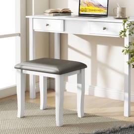 CHARMAID Vanity Stools 2 Pack - Ottoman Foot Stool Set of 2, Solid Wood Legs, Padded Cushion, Faux Leather Seat Cover, Upholstered Makeup Chair Footrest for Bedroom Living Room Entryway, Gray & White