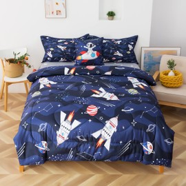 qjmiaofang Space Twin Bedding Set for Kids Astronaut Bedding 6Pieces Outer Space Bed Set Rocket and Planets Comforter with Space Sheets Boys Teens Bed in A Bag Spaceship Comforter for Home Decor