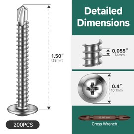 EASTPUK #8 x 1-1/2" Self Tapping Screws for Metal, Truss Head Phillips Drive 410 Stainless Steel Self Drilling Sheet Metal Screws with Drill Bit, Fast Tapping (Box of 200)