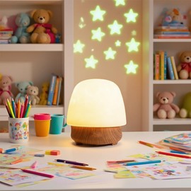 Thryonaxus Lunie Light - Night Light & Bluetooth Noise Machine with Ocean Wave Projector, Speaker, Lampshade & Remote - 4 White Noise, 16-Color Touch Dimming for Sleep & Relaxation (Walnut)