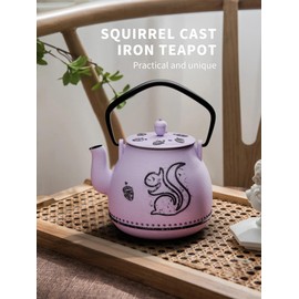 Toptier Teapot with Removable Infuser, Cast Iron Tea Kettle Stovetop Safe, Squirrel Design Tea Pot Coated with Enameled Interior for 32 Ounce (950 ml), Purple
