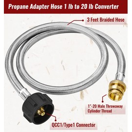 CALPOSE 3 Feet Propane Adapter Hose, 1lb to 20lb Adapter Converts 1lb Appliances to 5-40lb Tanks, Stainless Steel Braided Hose for Blackstone Griddle, Weber Q, Coleman Grill, Buddy Heaters and More