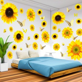 Large Sunflower Wall Stickers - 39 Pieces Sunflower Daisy Stickers for Wall, 3D Butterfly, Bathroom, Nursery Decoration, Removable Yellow Flowers, Bedroom