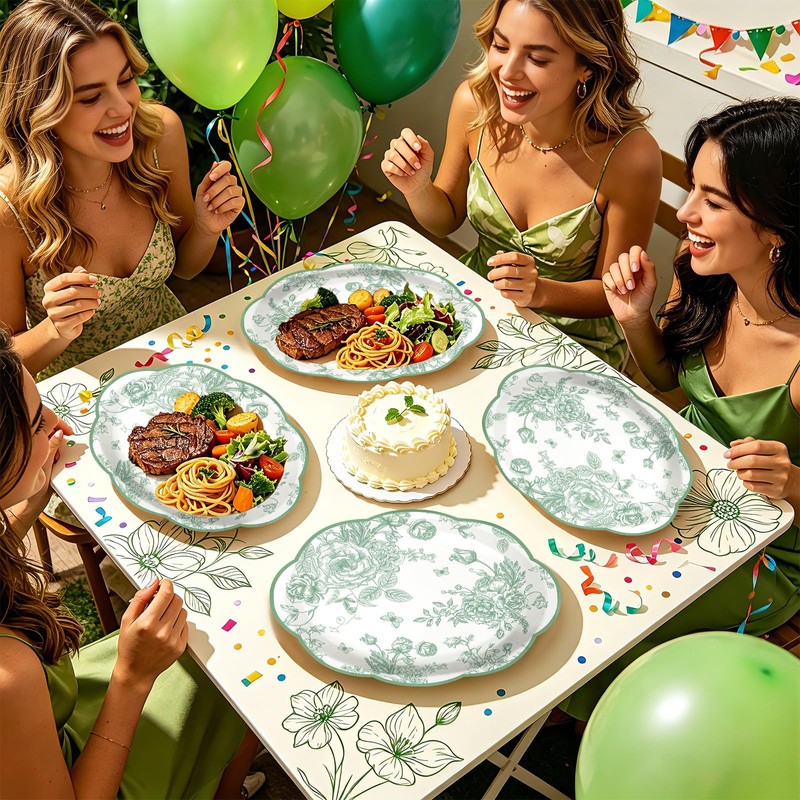 50Pcs Sage Green Floral Large Oval Paper Plates 12 x