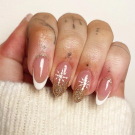 Christmas Snowflake Press on Nails Glossy Silver Glitter Acrylic Fake Nails 24Pcs White French Tips Nails Snowflake Gel Glue on Nails French Stick on Medium Almond Nails for New Years Gifts Women