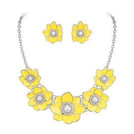 Ever Faith Yellow Flower Necklace for Women, Summer Boho Flower Statement Collar Floral Bib Choker Necklaces with Flower Stud Earrings Flower Jewelry