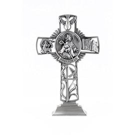 Pewter Catholic Saint St Kevin Pray for Us Standing Cross, 6 Inch