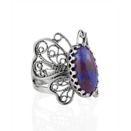 Filigranist Sterling Silver Filigree Art Butterfly Women Cocktail Ring with Gemstones (Mojave Turquoise, 9)