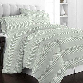 Pizuna Pure 100% Cotton King Duvet Cover Set, Luxurious 400 Thread Count Long Staple Cotton Sateen Weave with Button Closure (Combed Green Cascade Stripe Cotton Duvet Cover King)