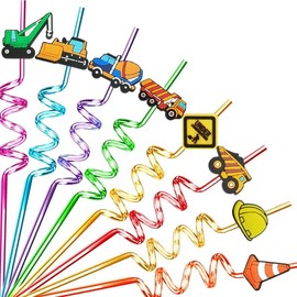 24 Reusable Construction Plastic Straws Excavator Bulldozer Blender Truck for Construction CraneTheme Birthday Party Supplies Gift Favors with 2 Cleaning Brushes