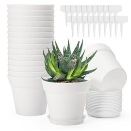 GREANER White Small Plant Pots, 16 Packs 4 Inch Plastic Plant Pots with Saucers, Thickened Succulent Planters with 20 Pcs Garden Markers for Indoor Outdoor