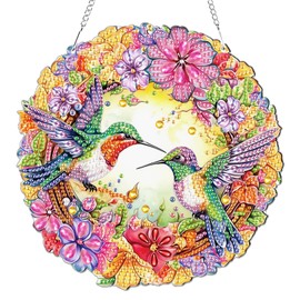 KEYIFA Diamond Painting Kit, DIY Birds Diamond Art for Adults, Flowers Diamond Painting Hanging Sign Crystal Window Art Ornaments Home Garden Wall Door Hanging Decoration, 20cm Width