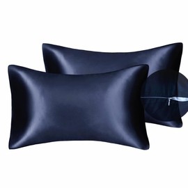 100% Silky Satin Charmeuse Silk Pillowcase Pack of 2 for Hair and Skin (Standard, Navy)